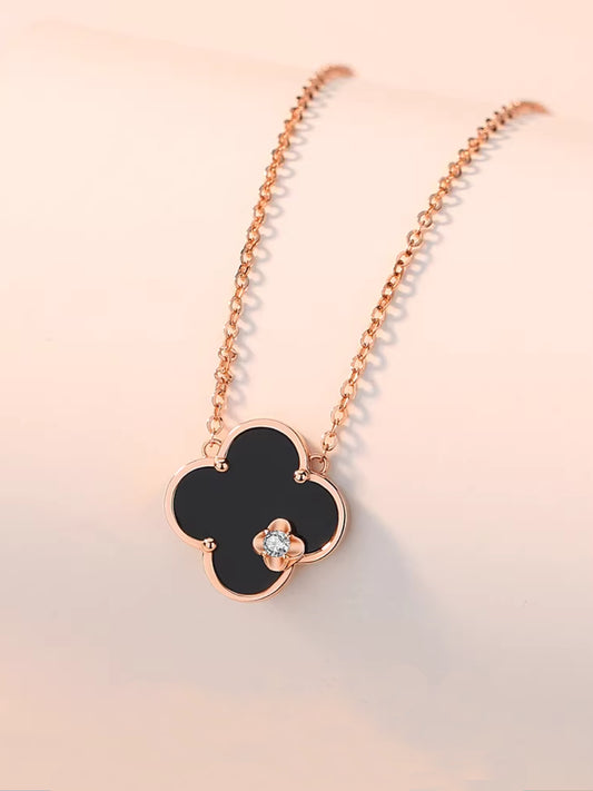 S999 Pure Silver Natural Black Agate Noir Clover Reversible Necklace