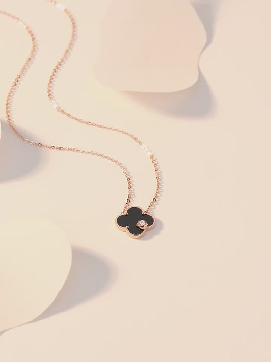 S999 Pure Silver Natural Black Agate Noir Clover Reversible Necklace